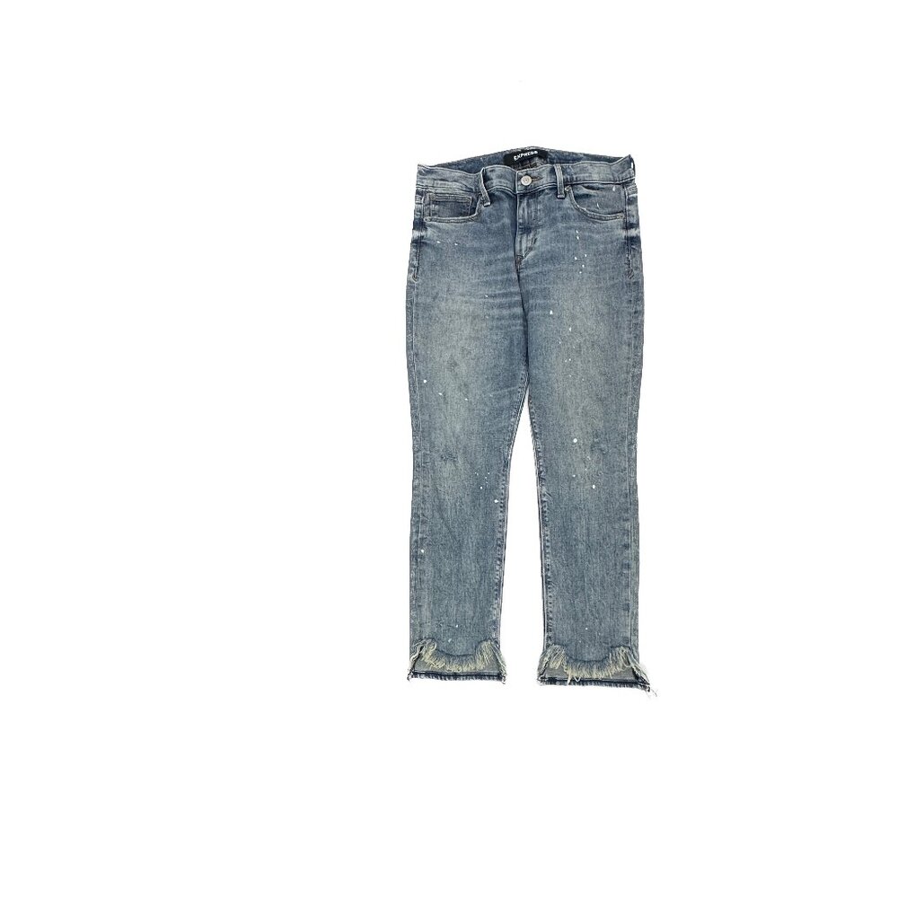 Express Super Skinny Mid Rise Raw‎ Hem Paint Splatter Women's size 6P Blue Jeans